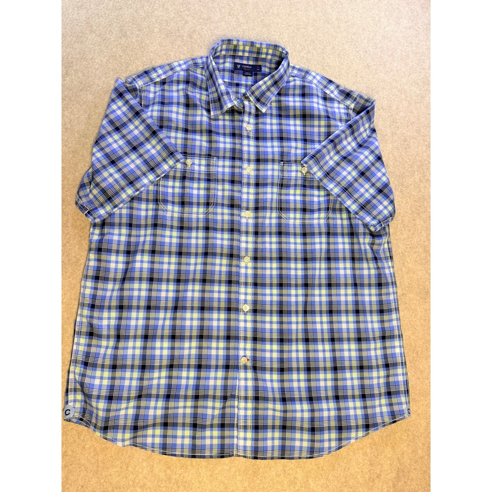 Cremieux Mens XL Blue Yellow Plaid Short Sleeve Button Down Shirt Preppy Summer